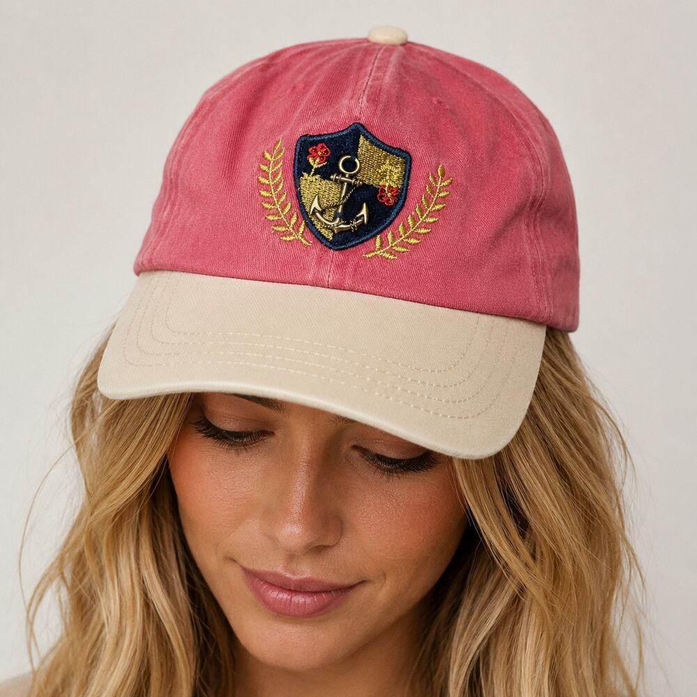 Free People Nautical Anchor Baseball Cap Pink Beige Embroidered Hat OS